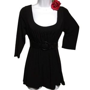 AB Studio MED BLACK GATHERED PEPLUM TOP SCOOP NECK & BELT LIKE NEW
